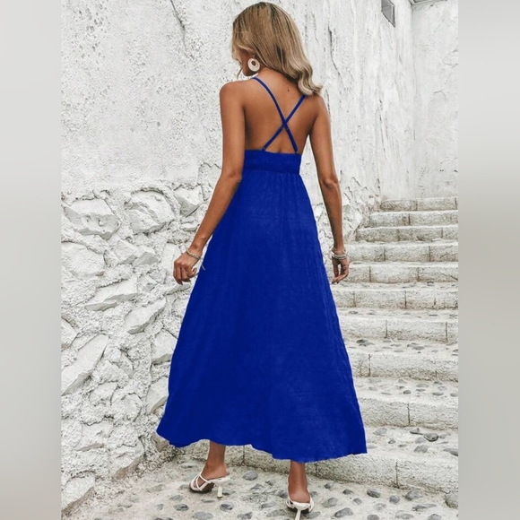 New Flowy Textured Striped Halter Maxi Dress Royal Blue - Picture 5 of 8